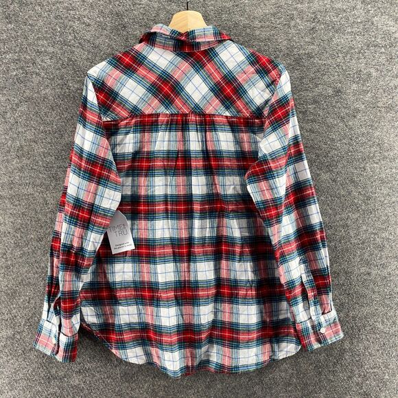 New Time And Tru Shirt Women M Medium Red Plaid Button Up Collared Long Sleeve - Picture 2 of 8